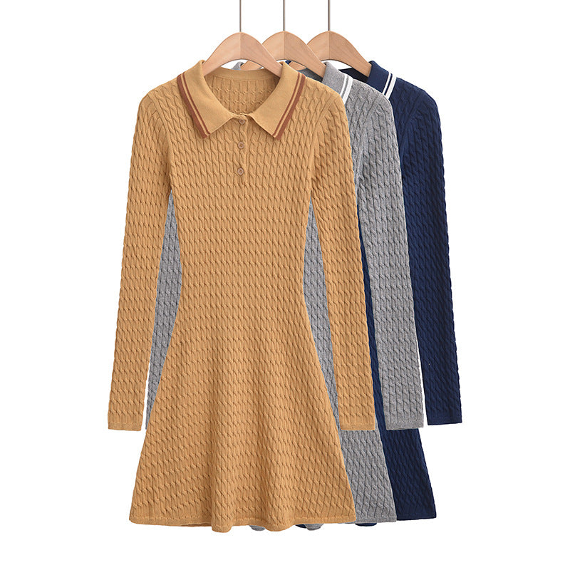 Women's polo collar button design, slim fit and waist cinching, spicy girl long sleeved knitted dress