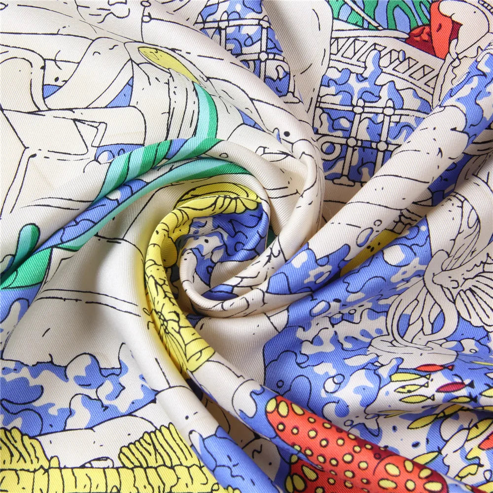 Manual Hand Rolled Twill Silk Scarf Women Ocean City Print Square Scarves