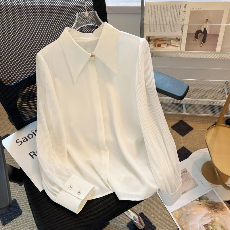 White Chiffon Shirt Women's Long Sleeve Top Elegant High-End Blouse