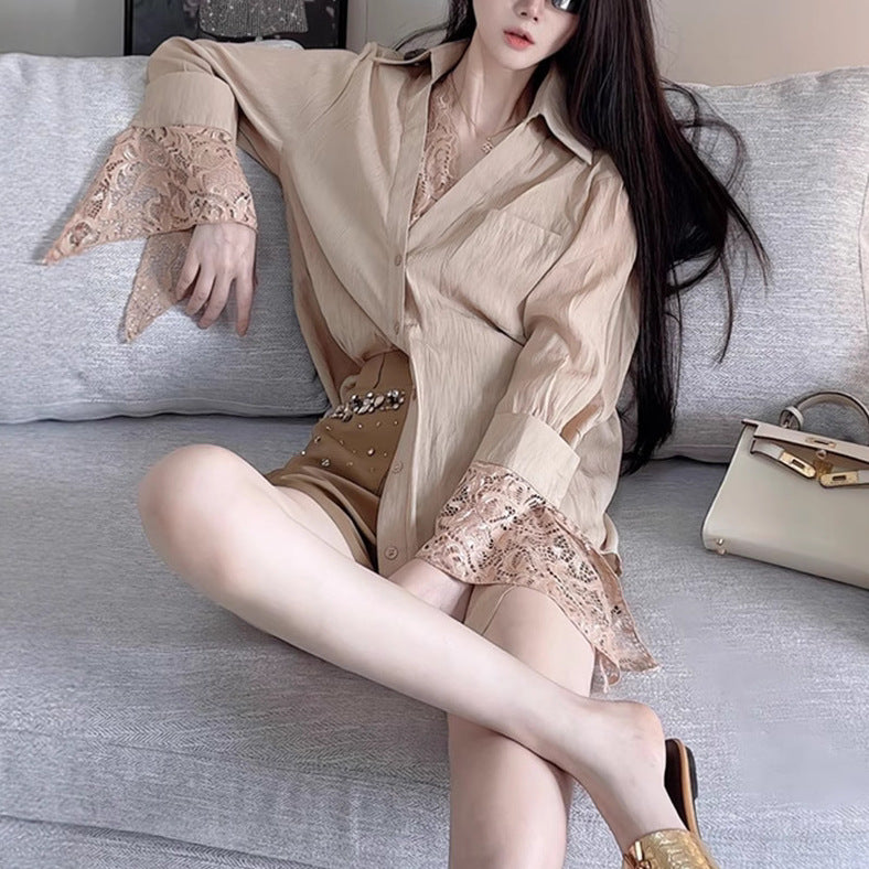 Two-Piece Set Elegant Chic High-End Look Lace Patchwork Shirt in Khaki