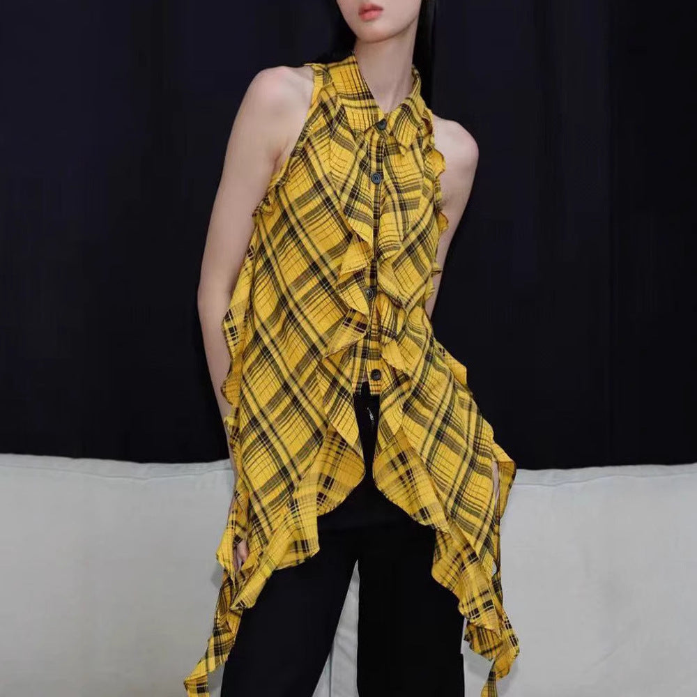 Fashionable spicy girl sleeveless yellow checkered shirt with single breasted irregular design personalized top for women