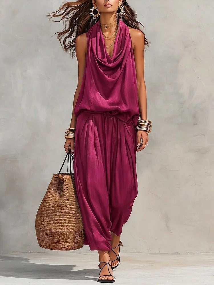 Elegant Office Wear Set for Women with Pleated Collar Top and Casual Pants Set