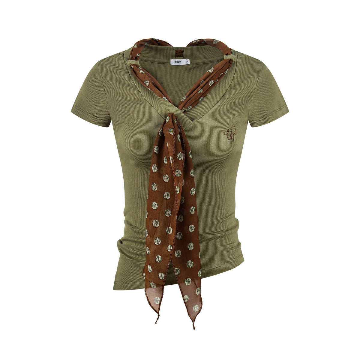 Ribbon V-Neck Short Sleeve T-Shirt for Women, Slim Fit Embroidered Knit Top