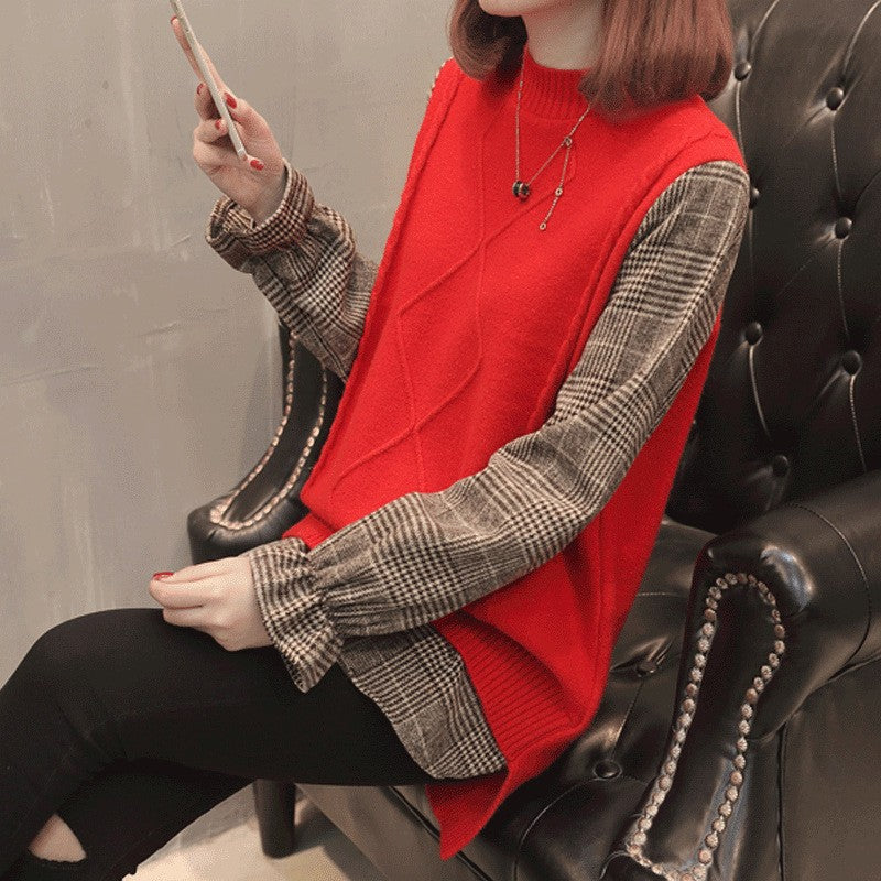 Fake two round neck pullover versatile base knit sweater
