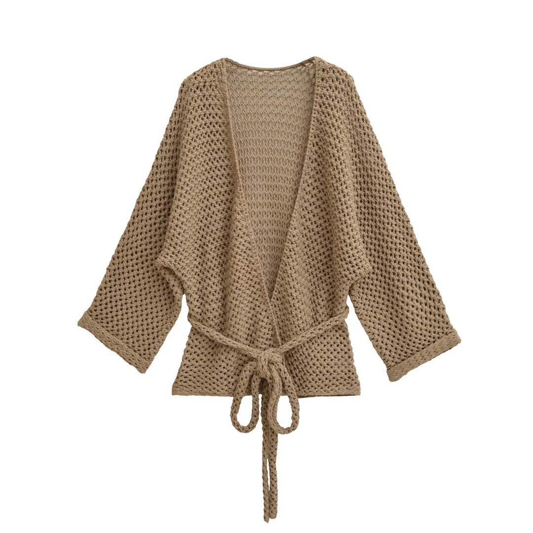 Casual Loose Knit Cardigan with Openwork Detail, Solid Color, Relaxed Fit, Belted Waist, Women's Outerwear Top