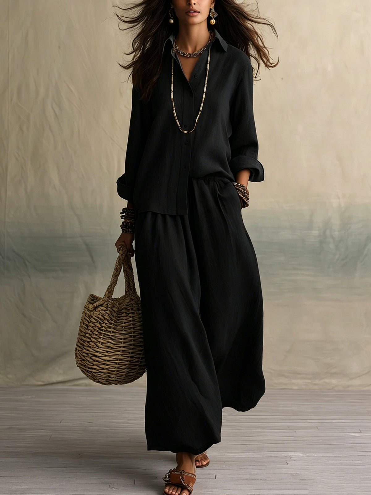 Summer High-End Shirt Collar Outfit Loose Cotton Linen Women's Set