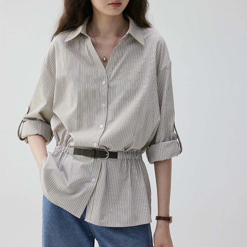 V-neck Slim Fit Striped Loose Shirt for Women, Elegant Office Wear Top