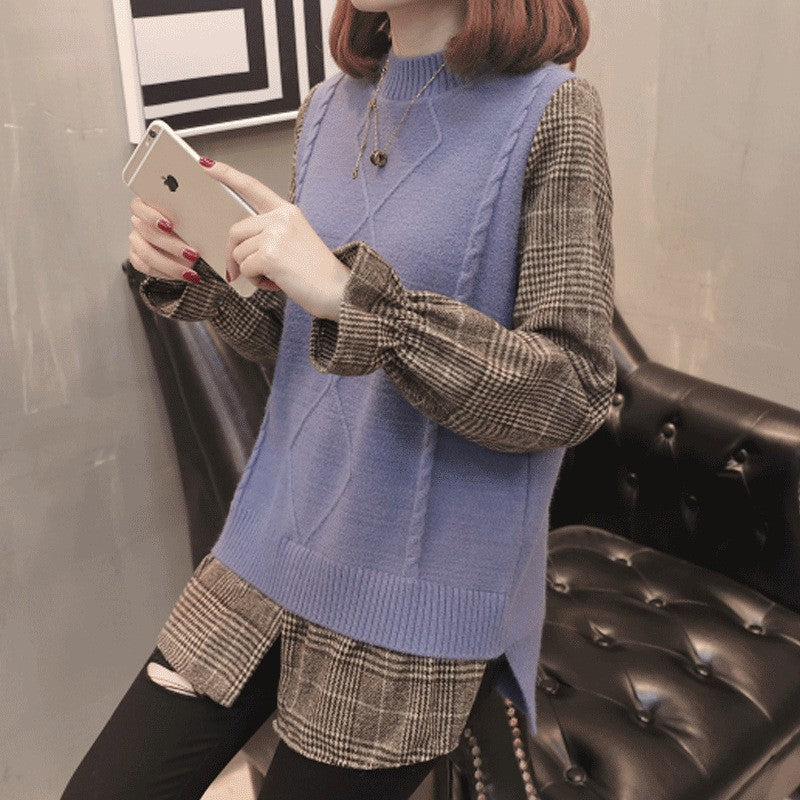 Fake two round neck pullover versatile base knit sweater