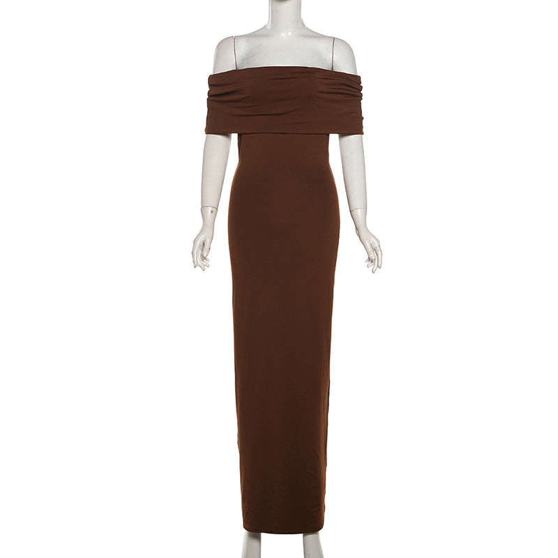 Form-fitting, long off-the-shoulder dress with an open back.