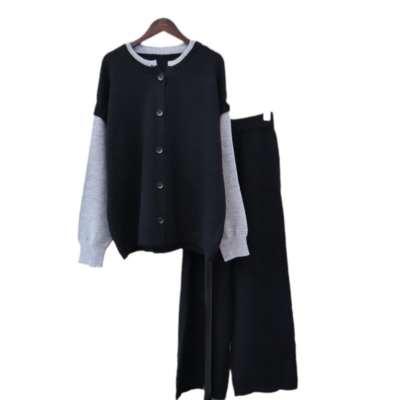 Detachable sleeve knitted cardigan, woolen pants, loose contrasting sweater set for women's fashion