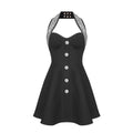 Shiny rhinestone button waist cinching neck mini black dress playful small fragrance party bandage dress