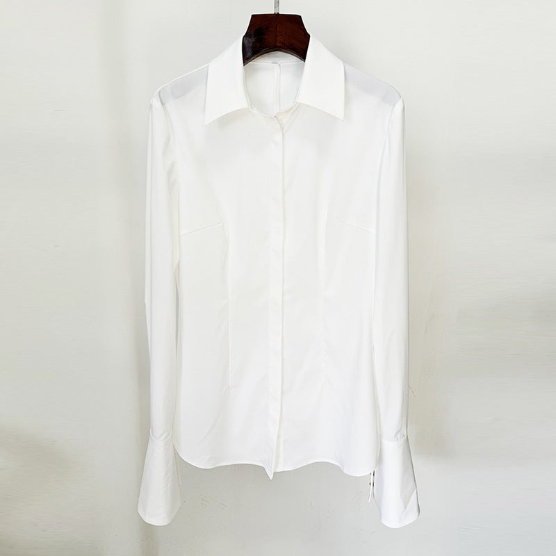 European and American celebrities fashion simple slim fit versatile white long sleeved trumpet sleeve shirt