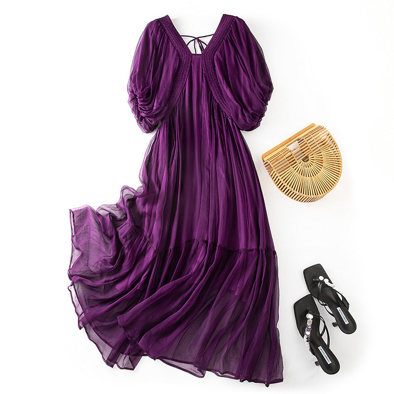 Babier Women's Silk Dress Summer New Style Mulberry Silk Elegant Purple Beach Long Dress