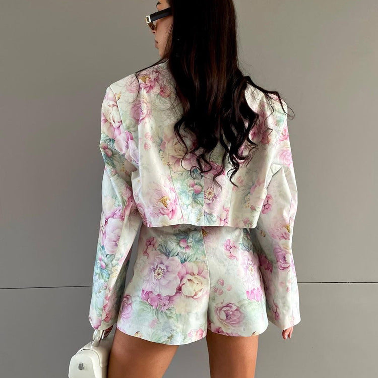 Loose suit skirt two-piece set long sleeved lapel top printed high waisted short skirt