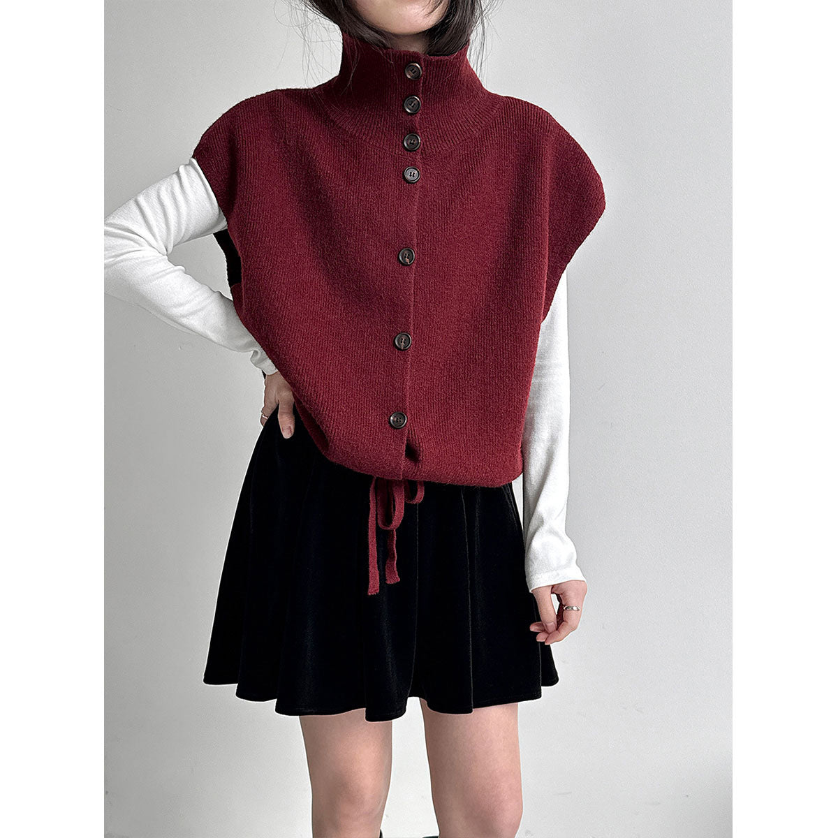 Layered High-neck Knit Vest for Women Spring Drawstring Waist Slim Fit Versatile Sweater Vest