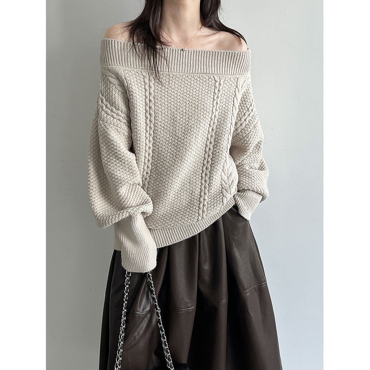 Lace-up Shoulder Cable Knit Loose Long Sleeve Sweater Women's One-Shoulder Wide Knit Top