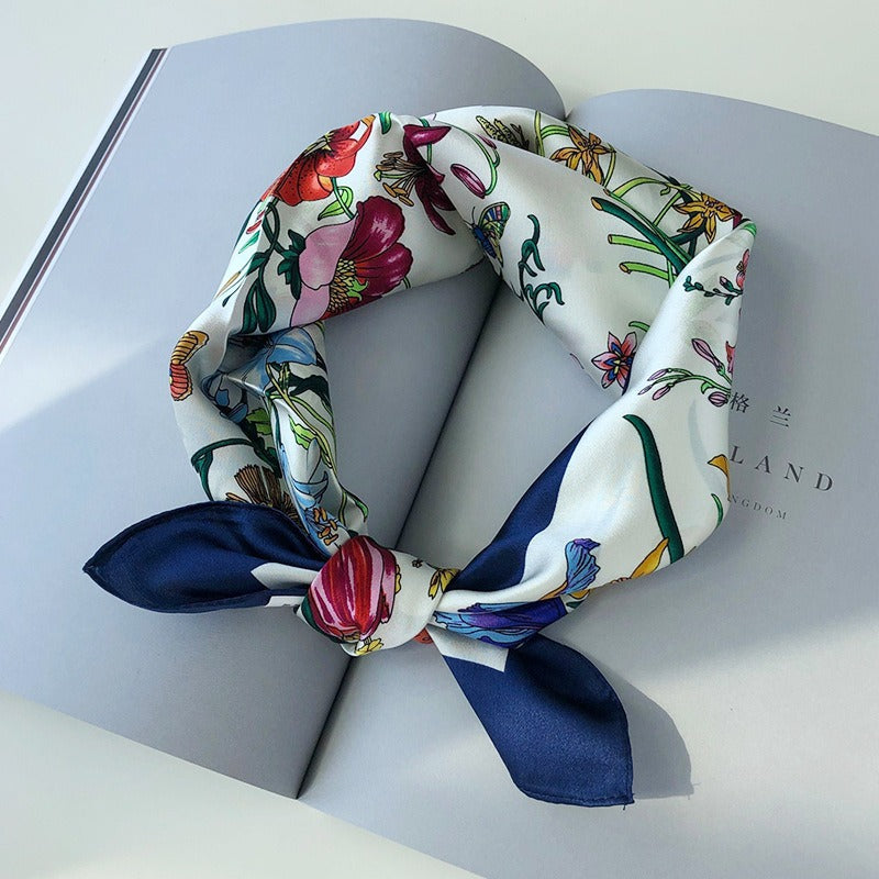 Silk satin small scarf, fashionable and versatile floral small scarf