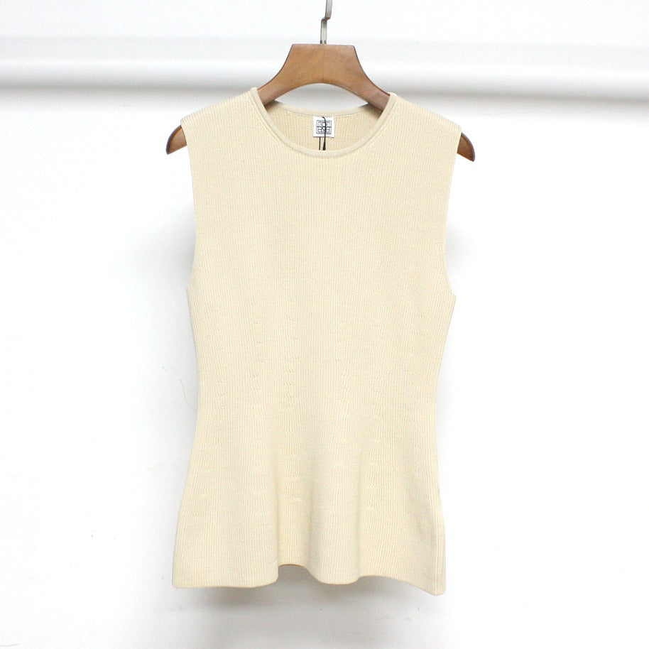 Beige Viscose Fiber Slim Fit Ruffled Tank Top Small Sleeveless Simple B Pair Knit