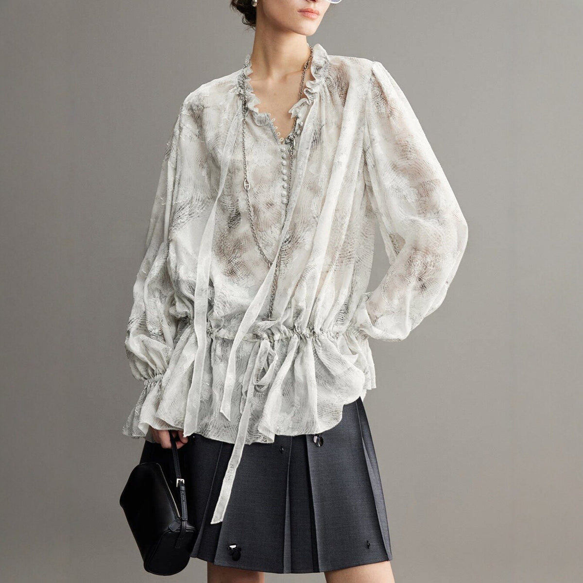 Fashionable Spring Summer Floral Print Ruffled V-Neck Tie Waist Blouse