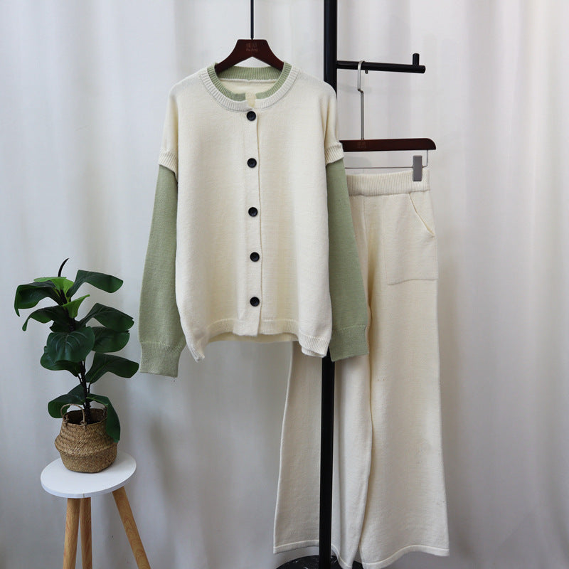 Detachable sleeve knitted cardigan, woolen pants, loose contrasting sweater set for women's fashion