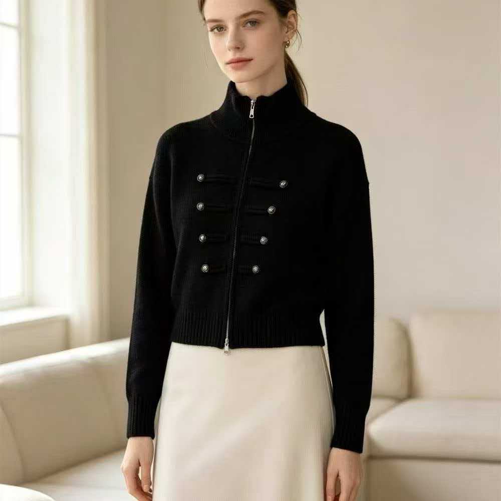 Stand Collar Double Zipper Short Length Long Sleeve Knit Women Sweater Thickened Short Jacket
