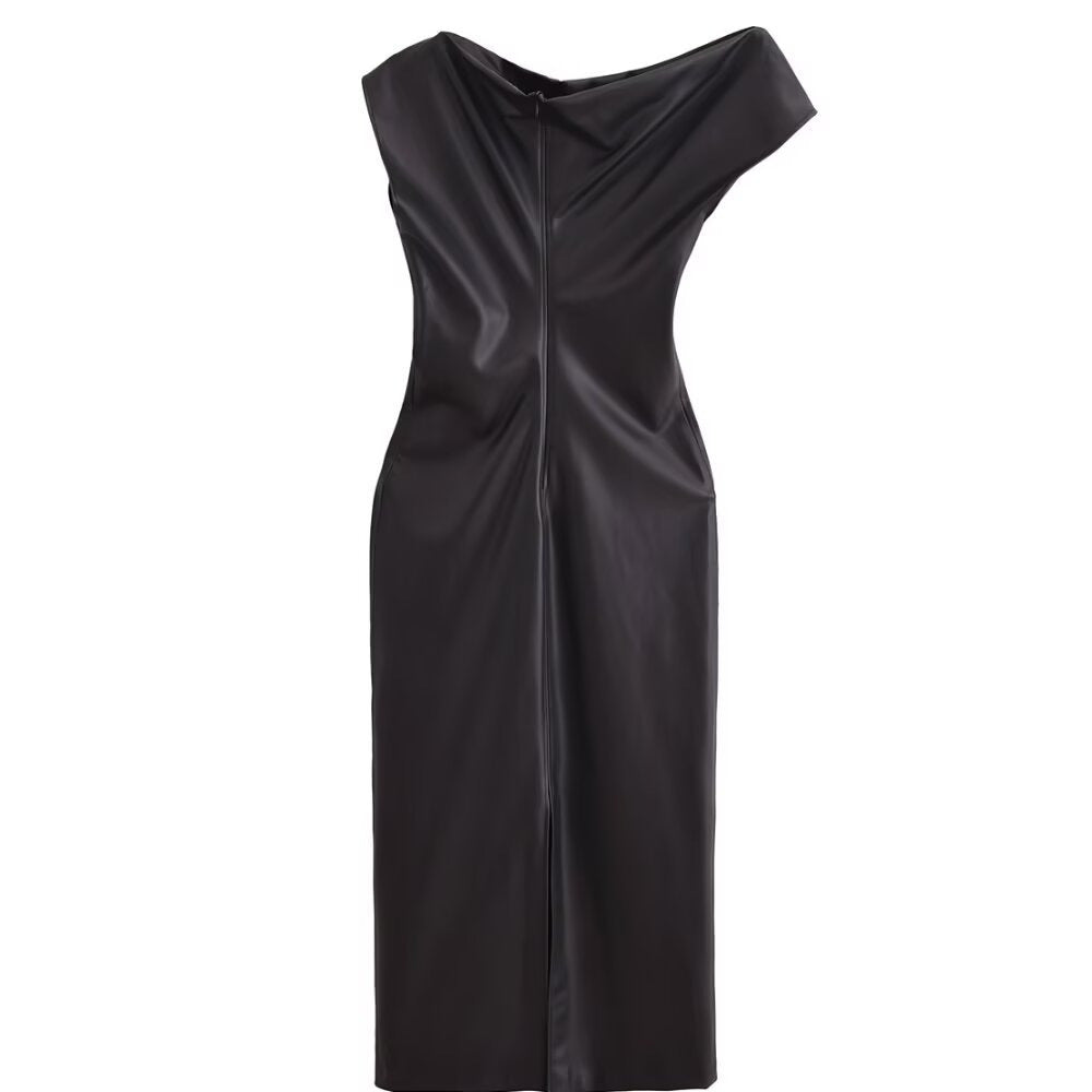 Asymmetric dress, long skirt, slim fi, vegan leather pleated dress