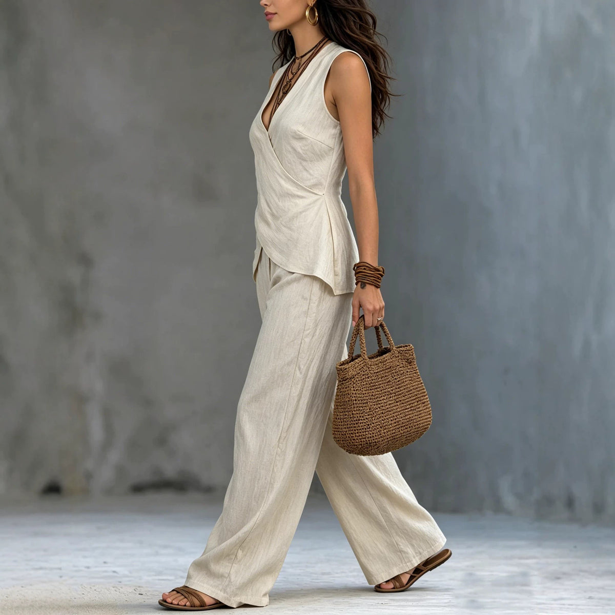 Sleeveless V-neck waist cinched top paired with wide leg pants set