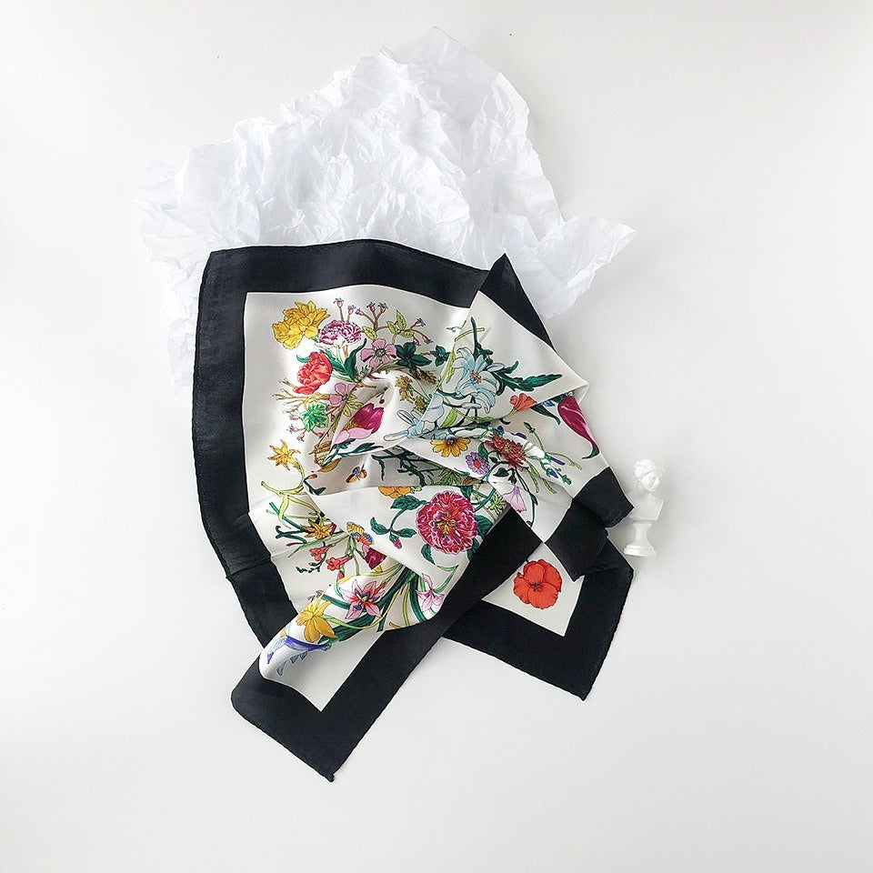 Silk satin small scarf, fashionable and versatile floral small scarf