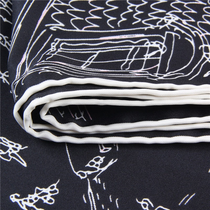 Twill silk square scarf  high-rise street view print fashionable scarf
