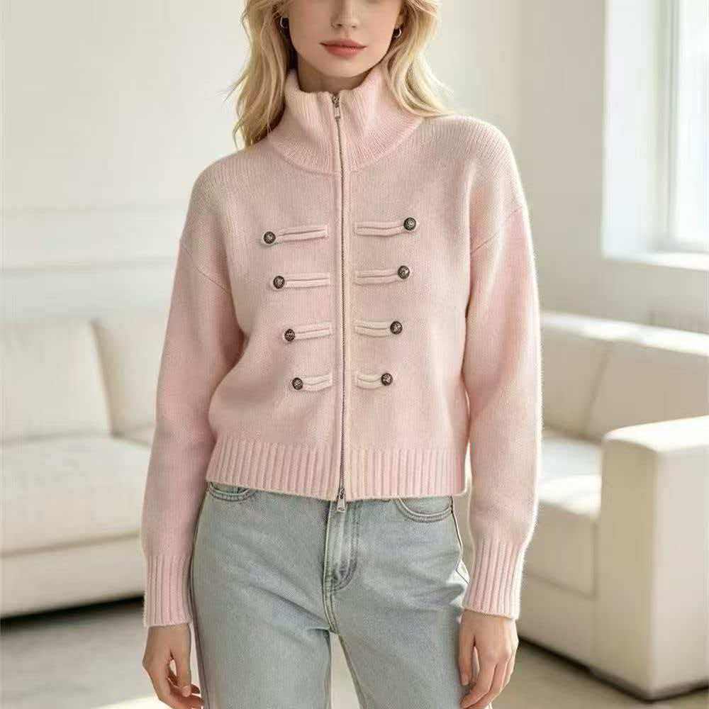 Stand Collar Double Zipper Short Length Long Sleeve Knit Women Sweater Thickened Short Jacket