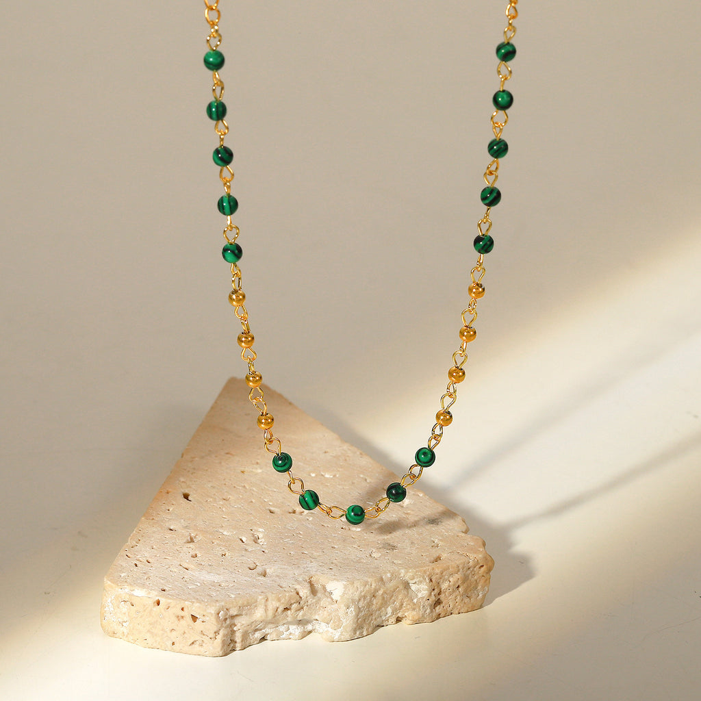 Fashionable INS style necklace with 18K gold small round beads, stainless steel necklace, green turquoise round beads, retro necklace for women