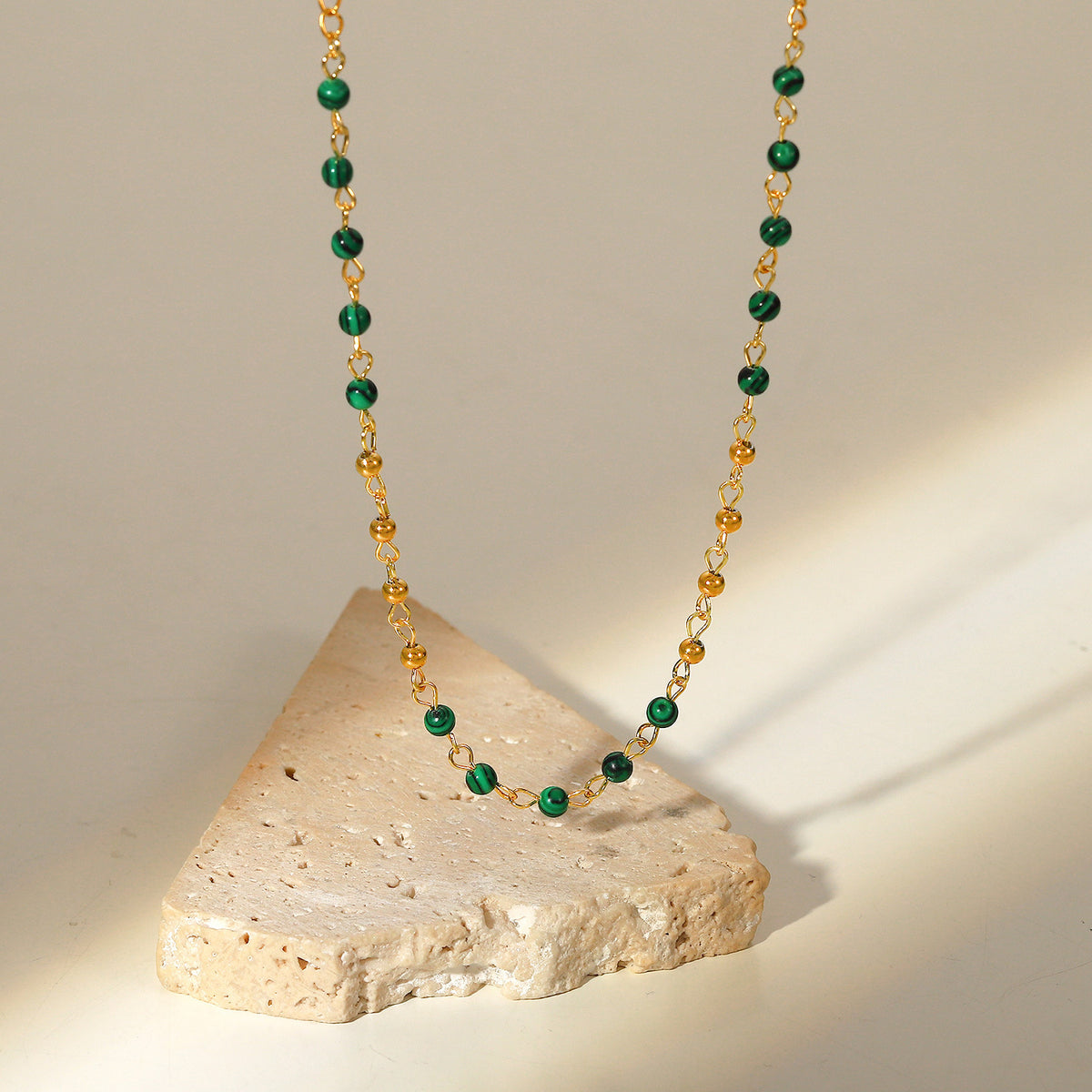 Fashionable INS style necklace with 18K gold small round beads, stainless steel necklace, green turquoise round beads, retro necklace for women