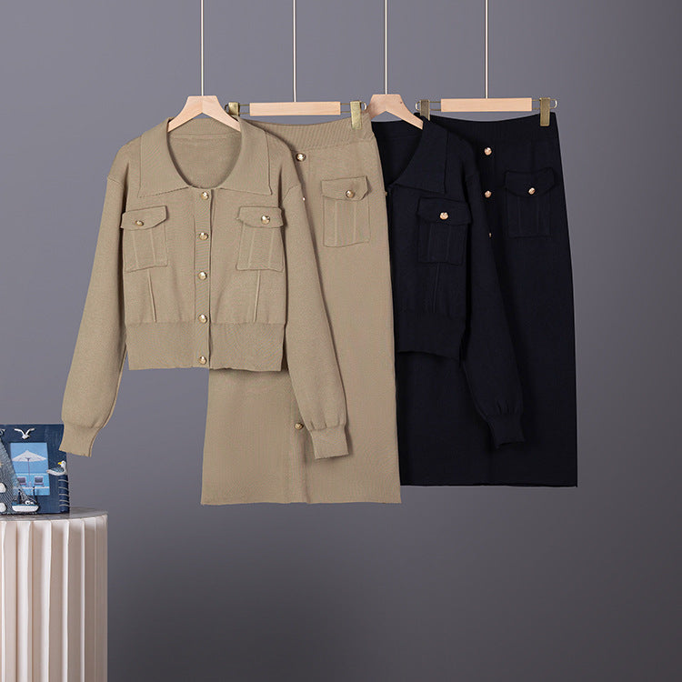 Two piece set of slim fit polo collar sweater, hip hugging half body skirt