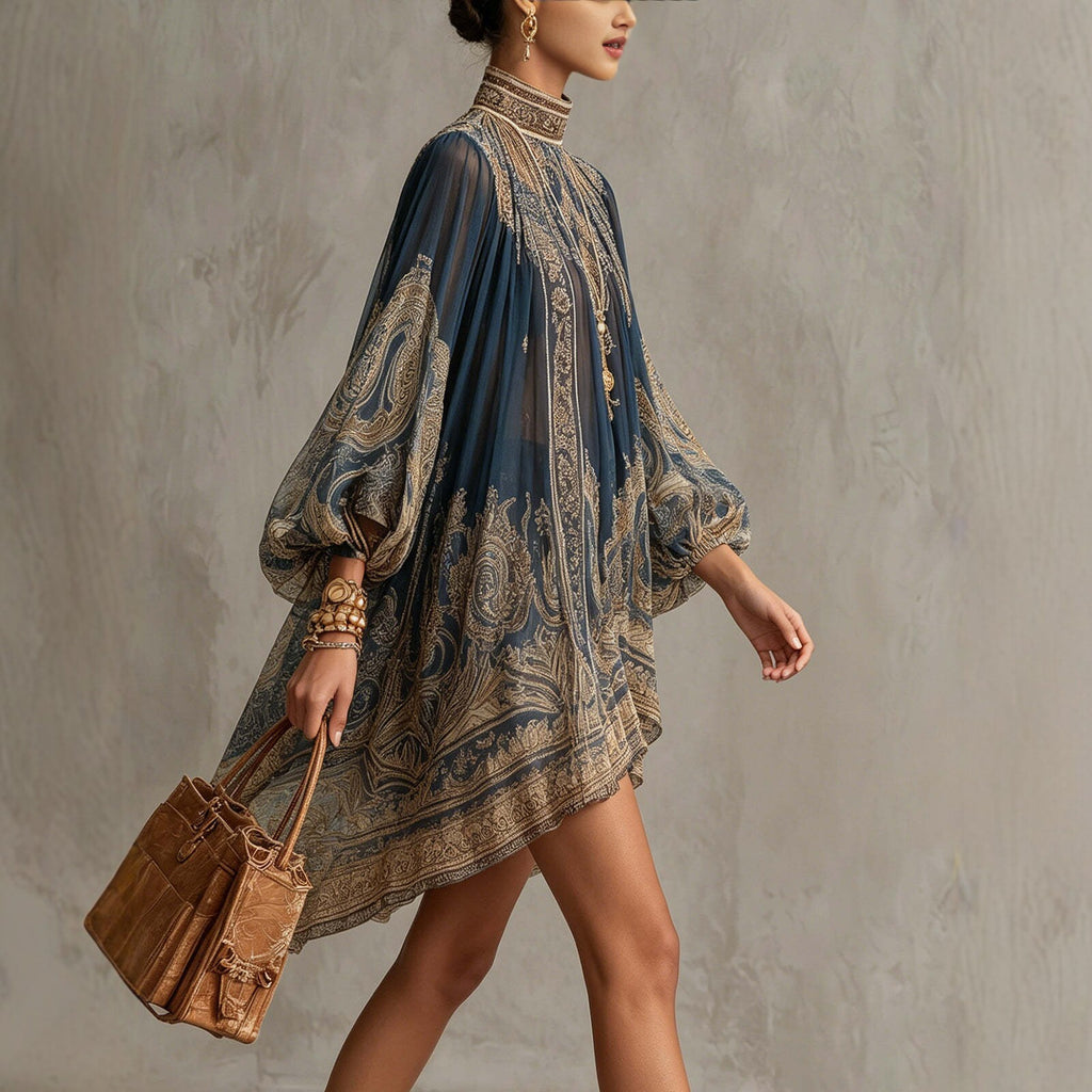 Printed Long Sleeve High Neck Loose Dress