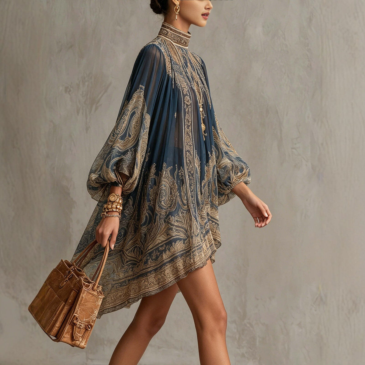 Printed Long Sleeve High Neck Loose Dress