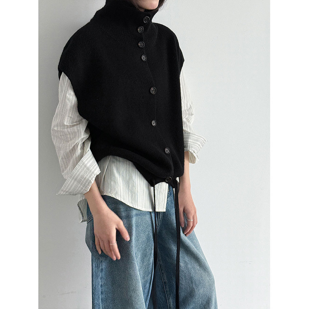Layered High-neck Knit Vest for Women Spring Drawstring Waist Slim Fit Versatile Sweater Vest