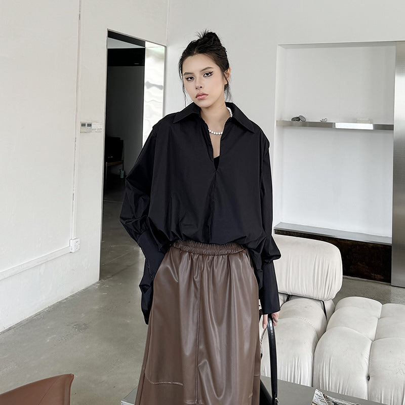 French temperament V-neck lazy irregular pleated long sleeved shirt