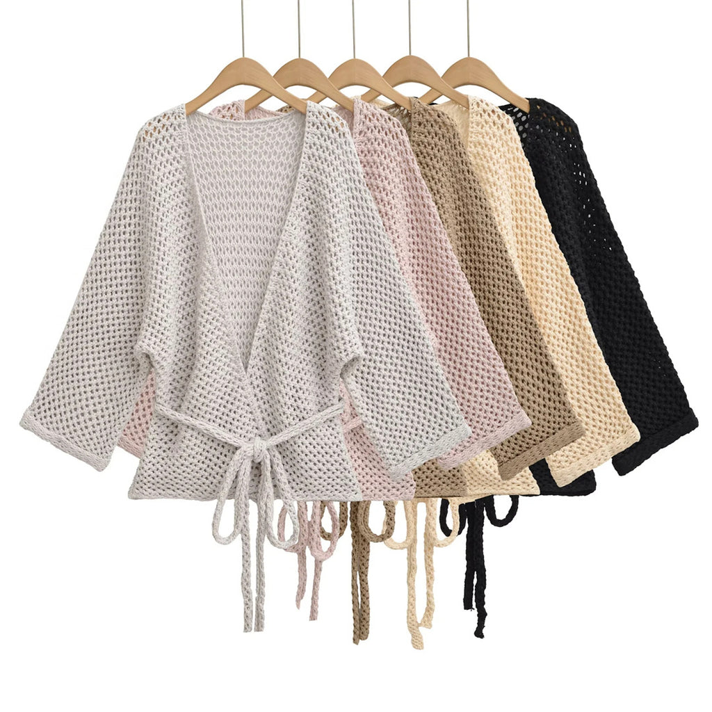 Casual Loose Knit Cardigan with Openwork Detail, Solid Color, Relaxed Fit, Belted Waist, Women's Outerwear Top