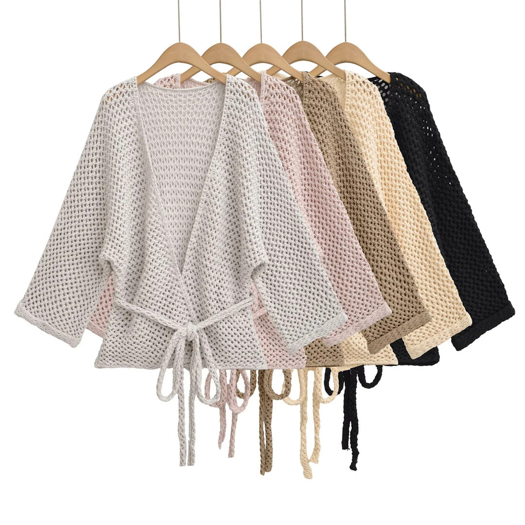Casual Loose Knit Cardigan with Openwork Detail, Solid Color, Relaxed Fit, Belted Waist, Women's Outerwear Top