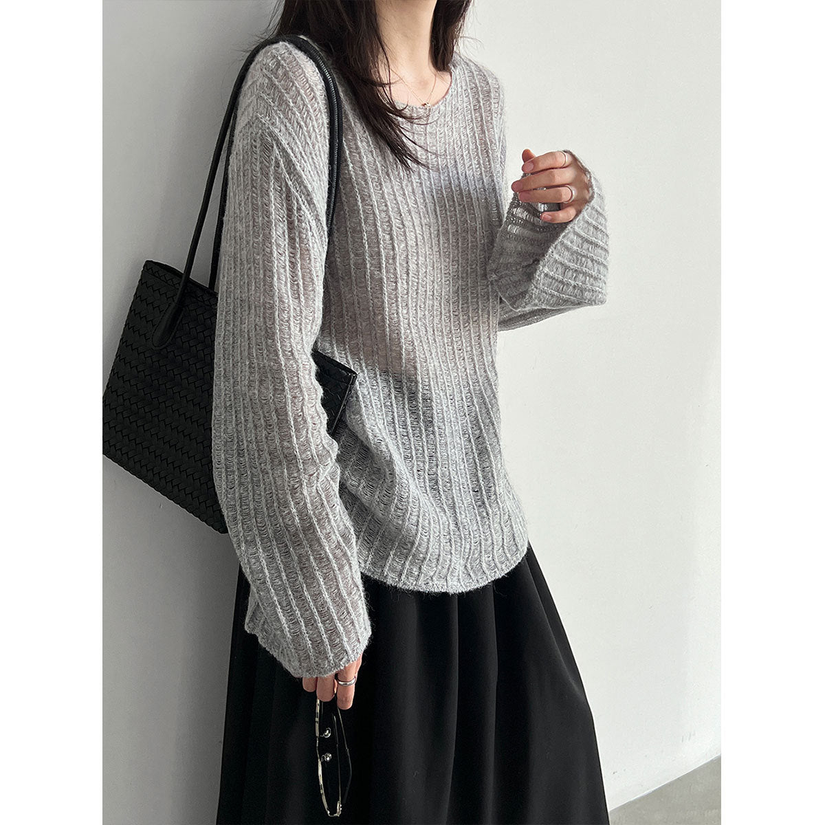 Lazy Knit Cardigan for Women, Hollow Knitwear with Flared Sleeves, Wool Blend, Relaxed Fit