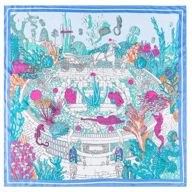 Manual Hand Rolled Twill Silk Scarf Women Ocean City Print Square Scarves