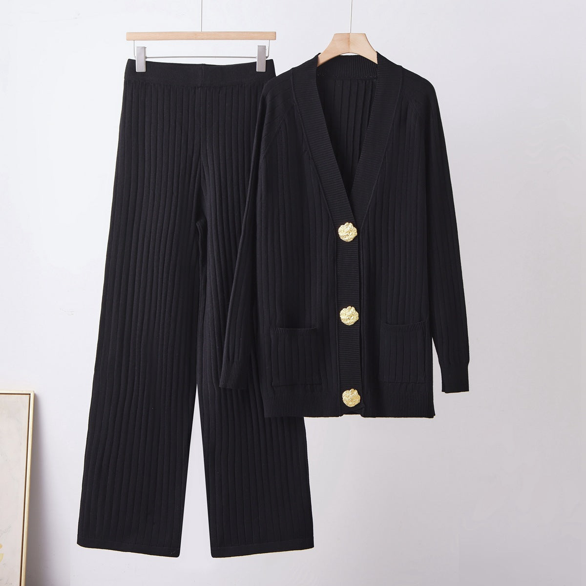 Metal button cardigan sweater wide leg pants set