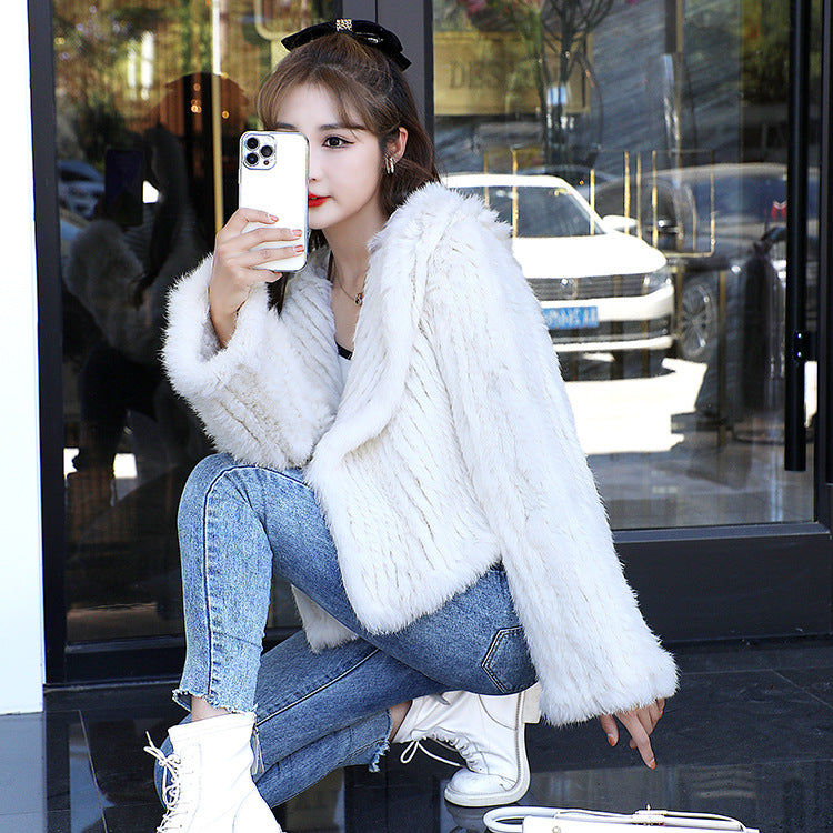 Autumn Winter Women Real Rabbit Fur Coat 100% Natural Fur Jacket Loose Manual Weave Quality Streetwear Hooded Flare Sleeves New