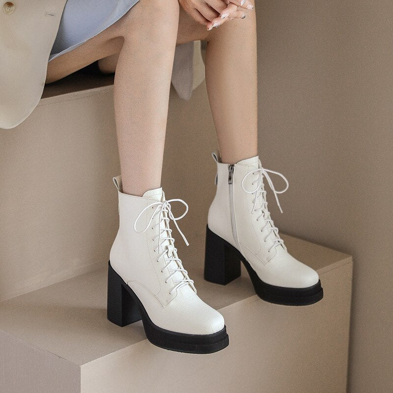 Women Ankle Boots Retro Fashion Office Ladies Chunk Platforms Thick High Heels Genuine Leather Shoes Autumn Winter