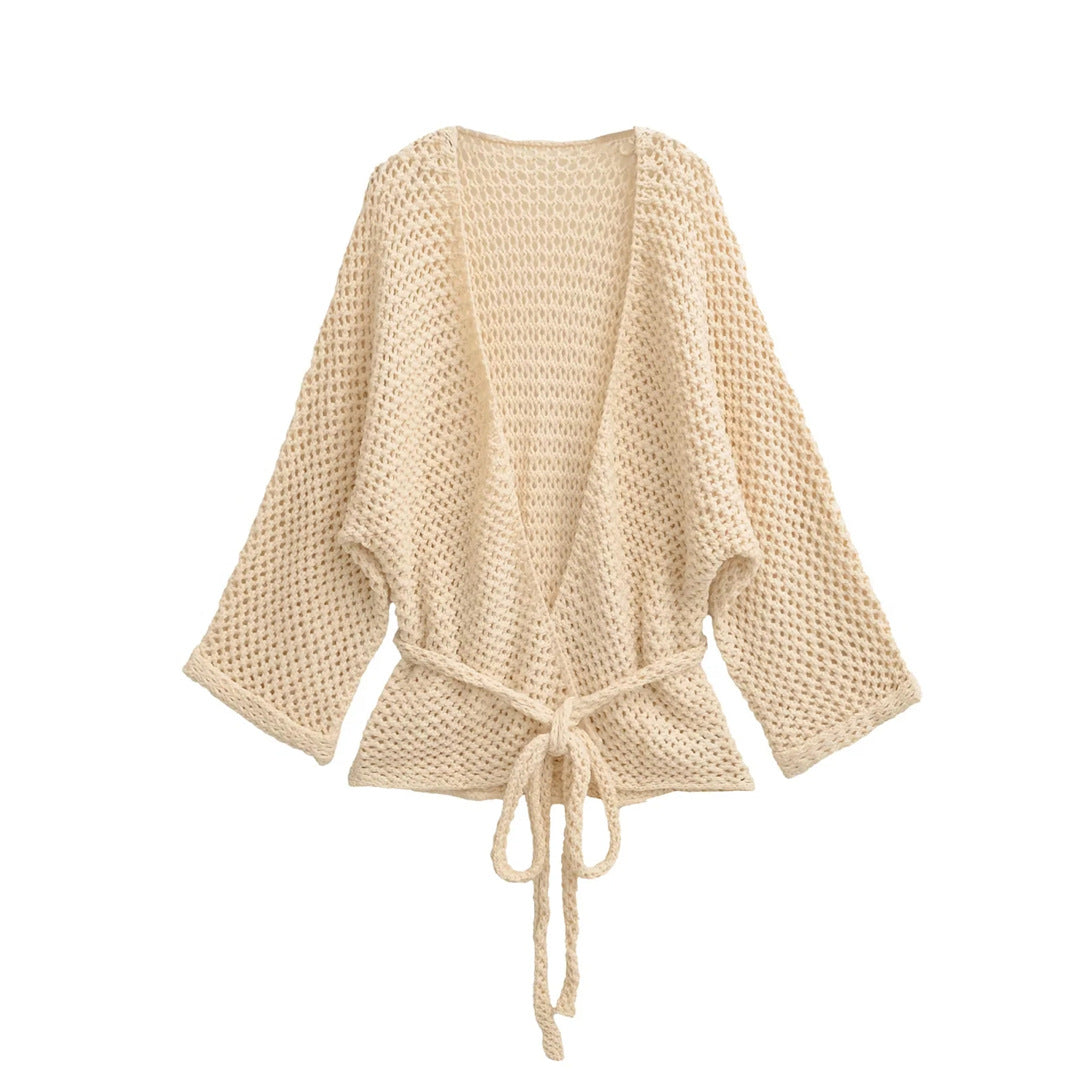 Casual Loose Knit Cardigan with Openwork Detail, Solid Color, Relaxed Fit, Belted Waist, Women's Outerwear Top
