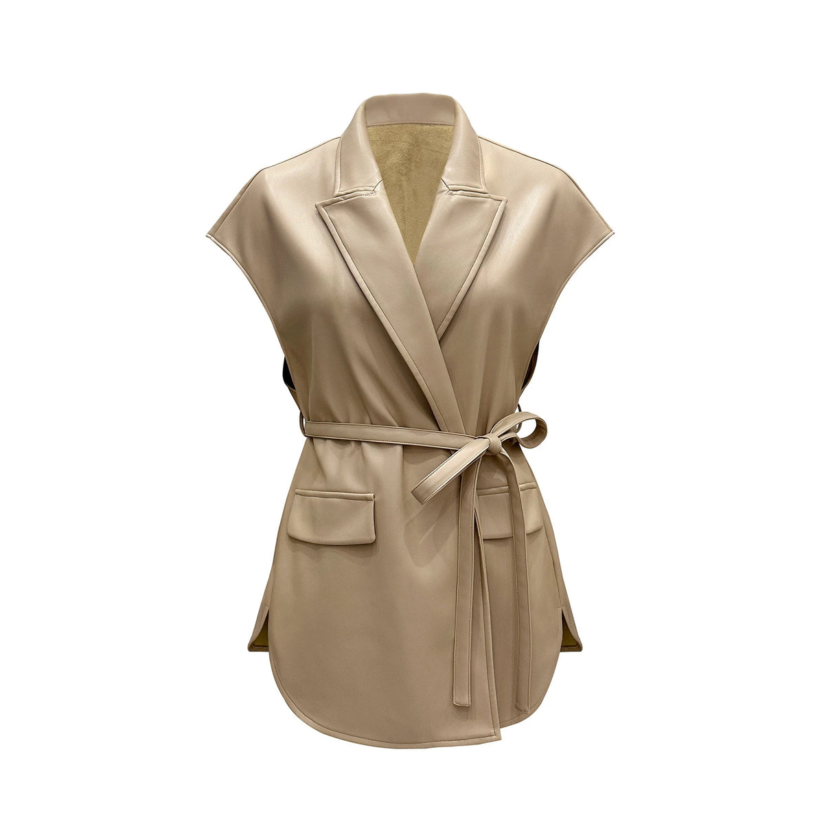 Sleeveless PU leather vest women's suit collar belt vest jacket