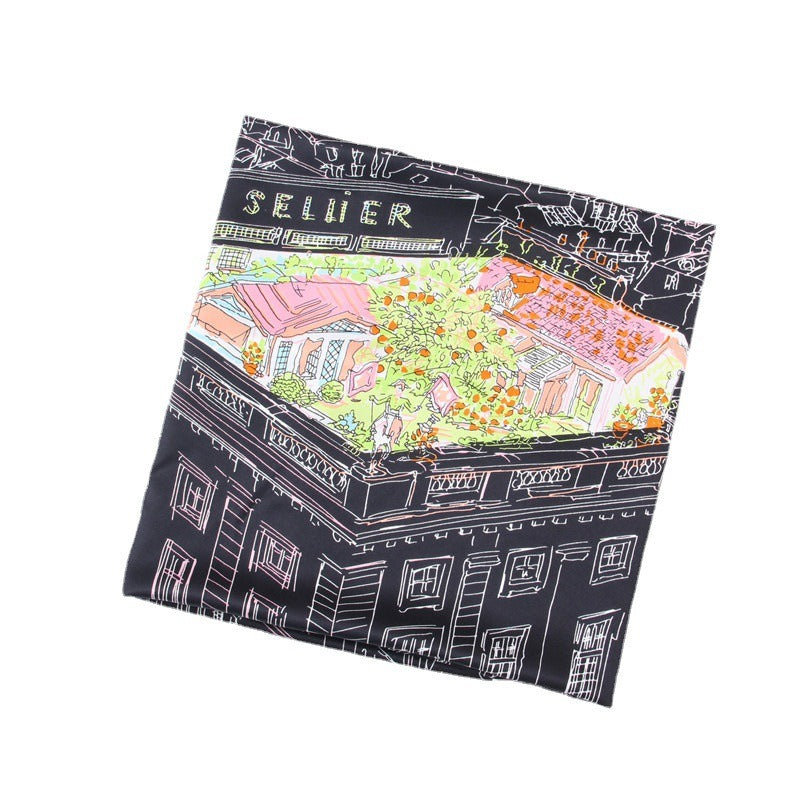 Twill silk square scarf  high-rise street view print fashionable scarf