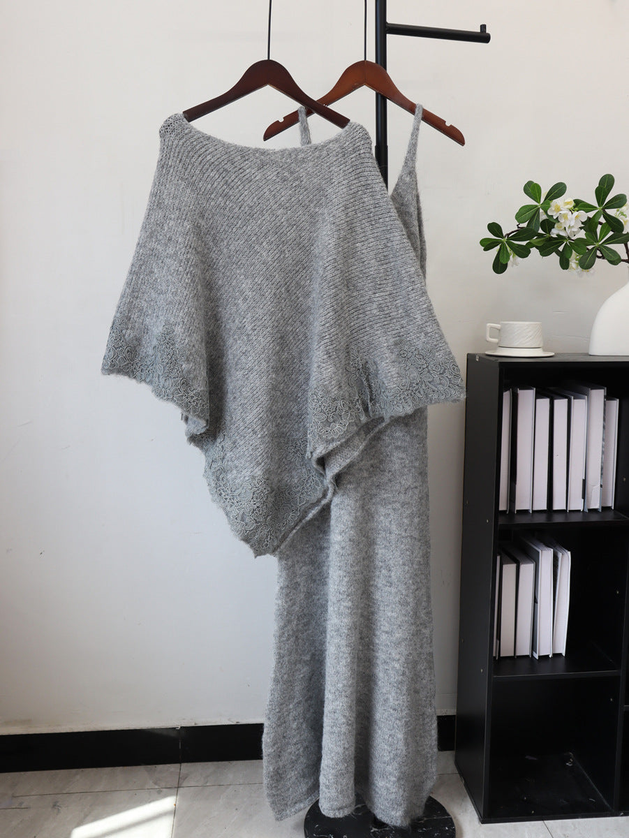 Splicing lace cape camisole dress two-piece set
