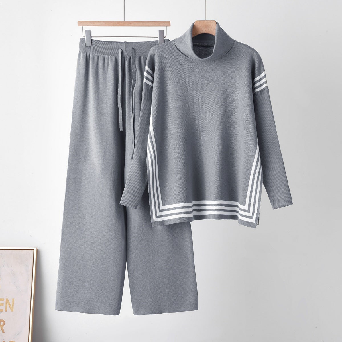 High neck sweater straight leg pants two-piece set for women