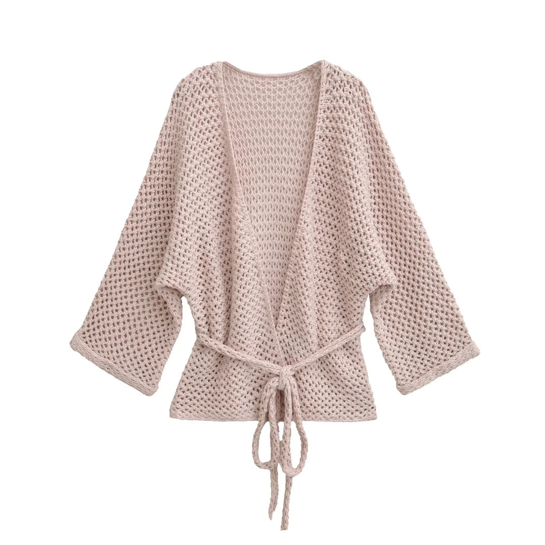 Casual Loose Knit Cardigan with Openwork Detail, Solid Color, Relaxed Fit, Belted Waist, Women's Outerwear Top